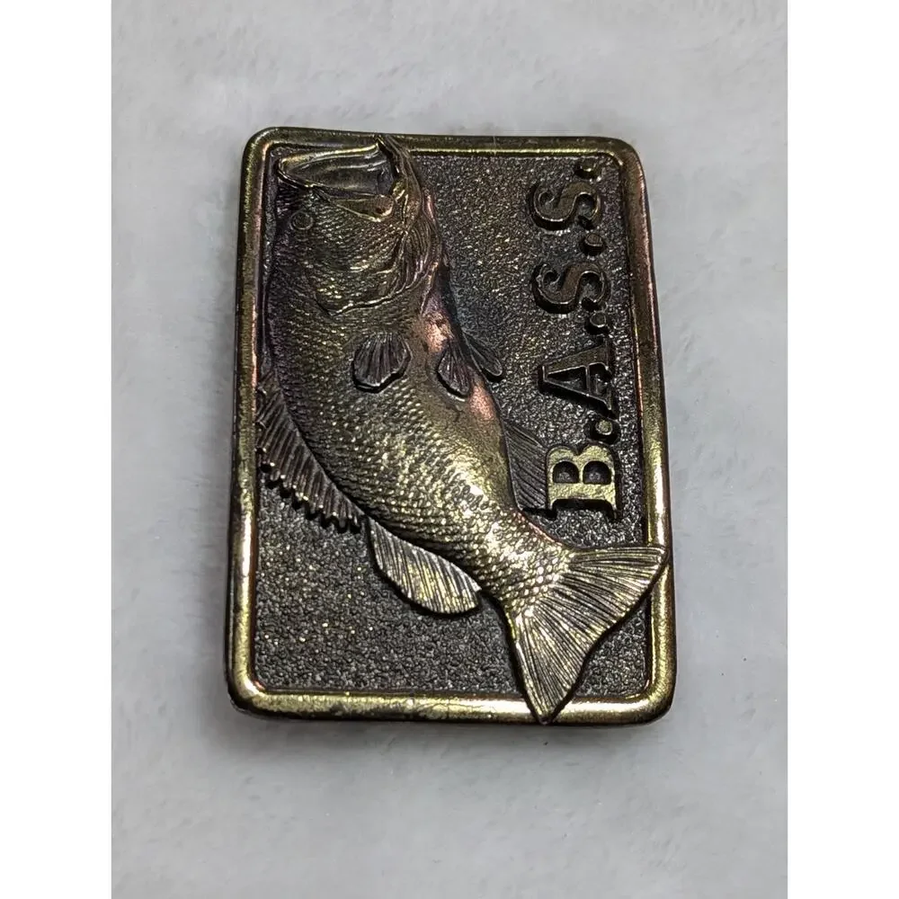 Vintage 80s BASS Belt Buckle Bass Anglers Sportsman Society Gold Metal Fishing